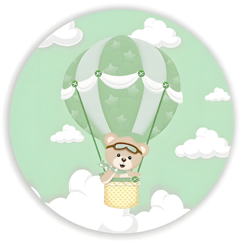 Painel Festa Infantil Redondo Ursinho Baloeiro, Verde Claro + Arco, Suporte incluso. Fazemos personalizado com qualquer tema. Confeccionado em Lona fosca, impressão de alta resolução. cenário Circular p/ Decoração