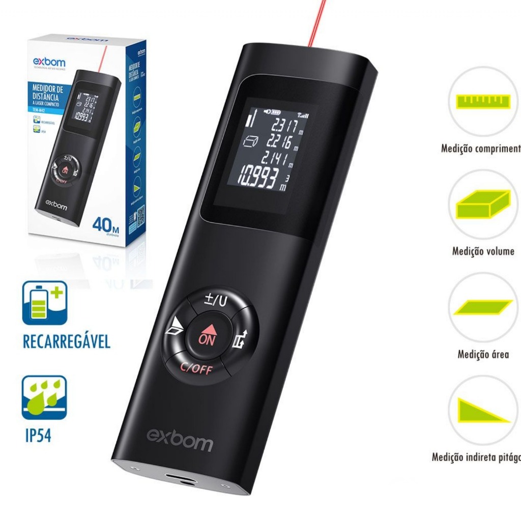 Mini Trena digital medidor de Distância a Laser compacto IP54 recarregavel EXBOM Diversos Modelos