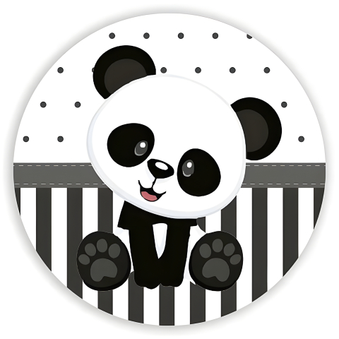 Painel Festa Infantil Redondo Panda, Fundo Branco e Preto Geométrico + Arco, Suporte incluso. Fazemos personalizado com qualquer tema. Confeccionado em Lona fosca, impressão de alta resolução. cenário Circular p/ Decoração