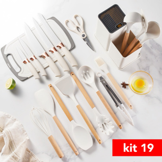Kit Completo Jogo Utensílios de Cozinha Luxo 19 Peças Com Tábua em Silicone Espátula Faca Tesoura em Oferta na Shopee