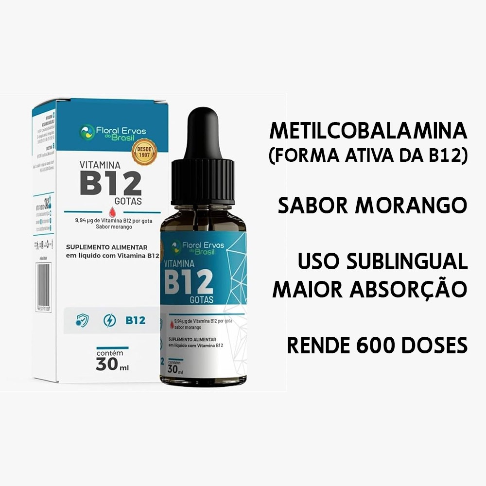 Metilcobalamina Sublingual Vitamina B12 em gotas 30ml - Floral Ervas - Rende 600 doses