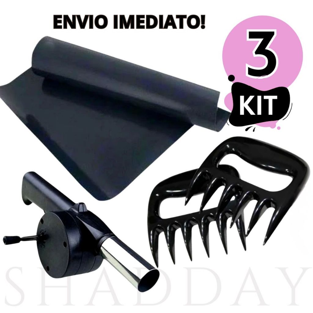 Kit 3 Manta para Churrasqueira Garra de Urso e Soprador e Acendedor para Churrasqueira