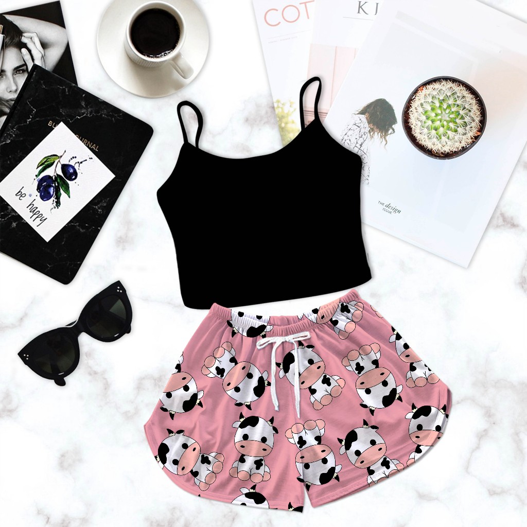 Pijama Feminino Cropped Baby Doll Preto Shorts Vaca Rosa