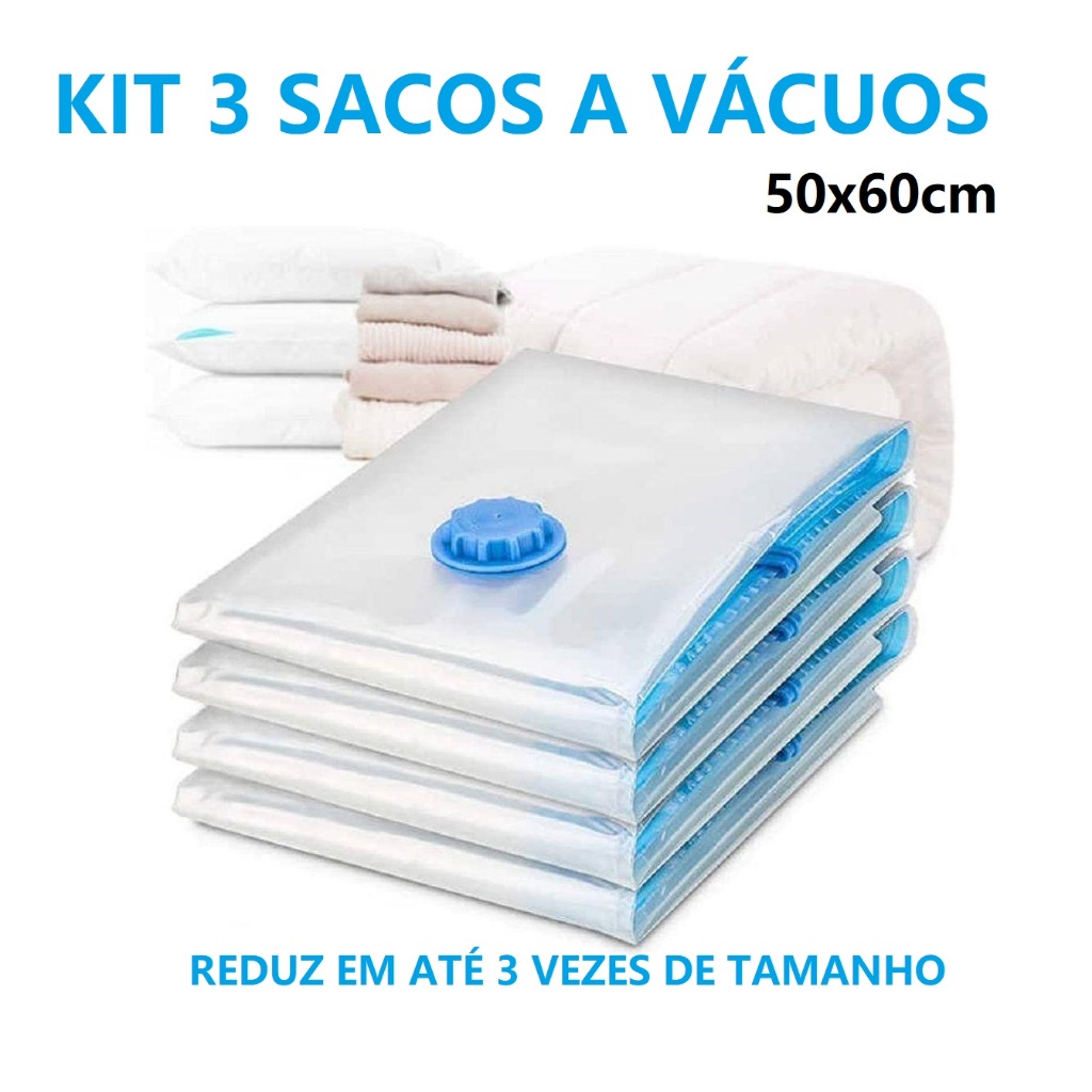 Kit 3 Saco A Vácuo 50x60cm Válvula Bomba Ar Super Resistente Organizador Tamanho Multiuso Universal