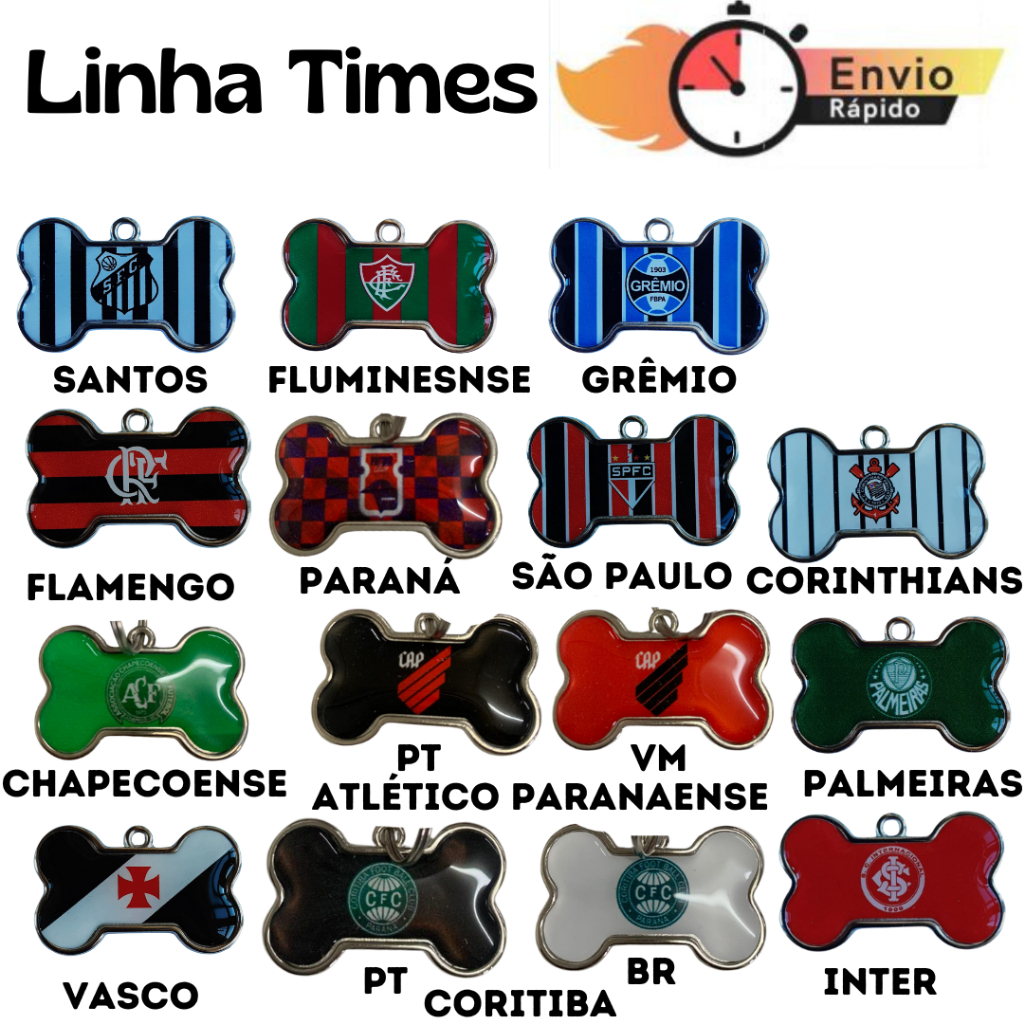 Placa Medalha Plaquinha de Identificação Pingente TIMES Personalizado Pet Cachorro Cão e Gato