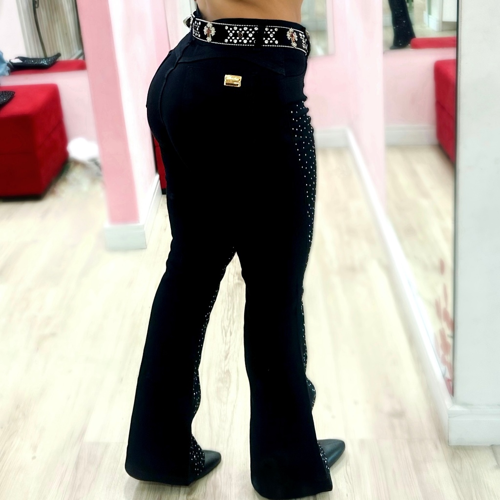 Calça Flare Jeans Feminina Country Rodeio Pedrarias Cintura Alta com Brilhos Luxo