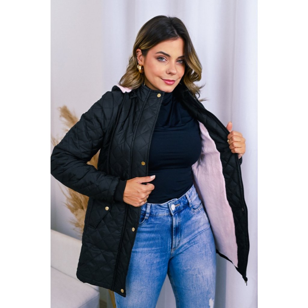 Parka Feminina Forrada Com Pelo Fleece Pelúcia Puffer Bobojaco Nylon Matelado Losangulo Inverno