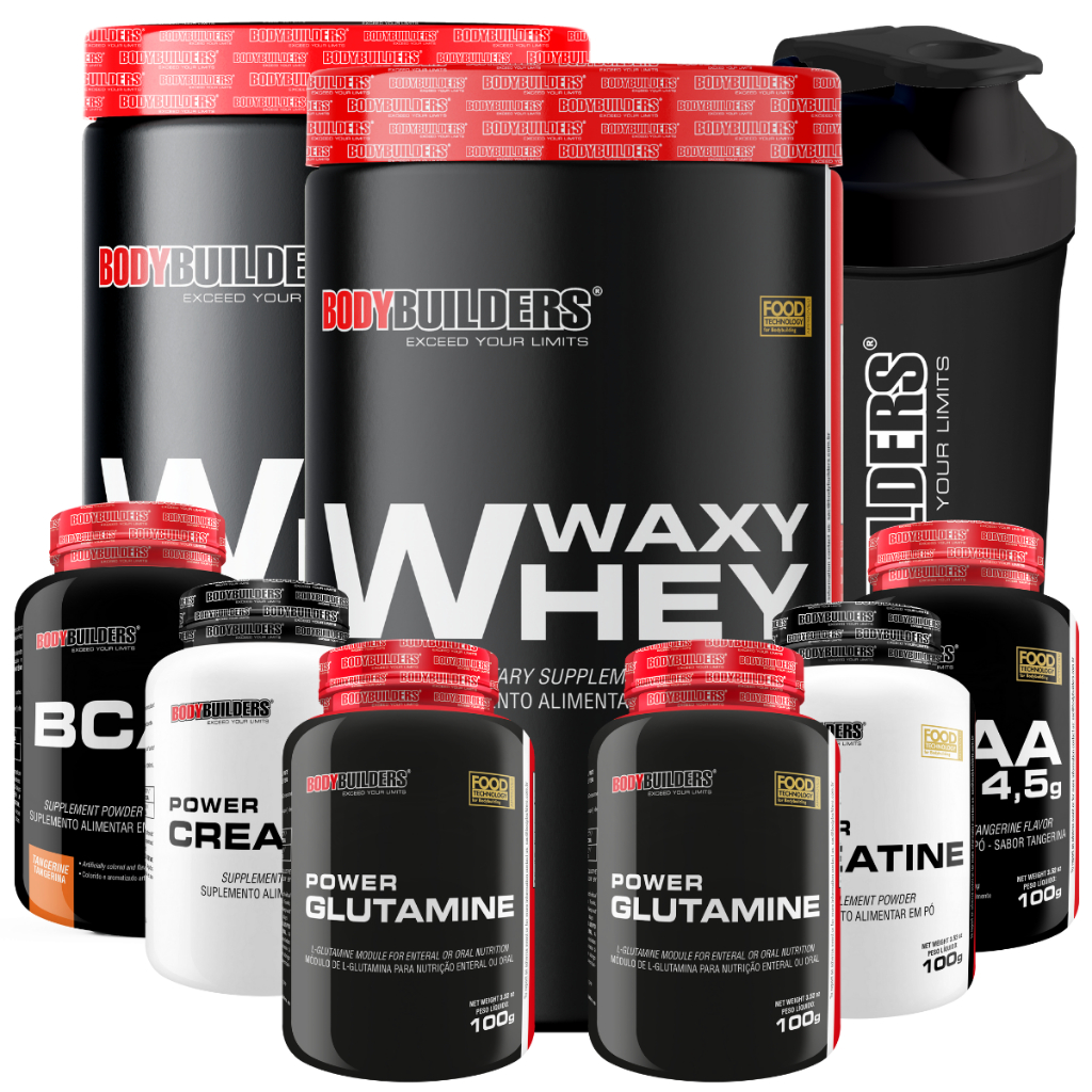 Kit 2x Waxy Whey 900g + 2x BCAA 100g + 2x Creatina (Tangerina) 100g + 2x Glutamina 100g + Coque em Oferta na Shopee