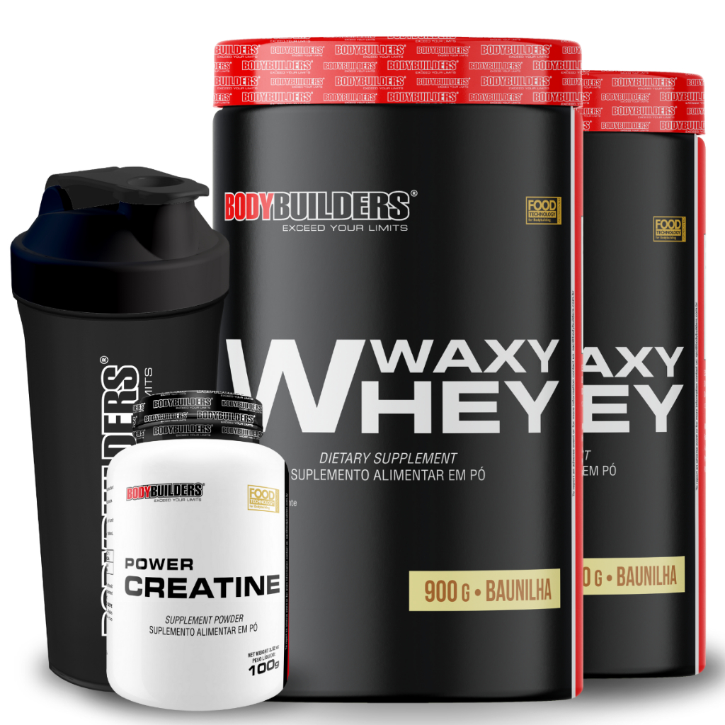 Kit 2x Whey Protein Waxy Whey 900g + Power Creatina 100g + Coqueteleira - Bodybuilders