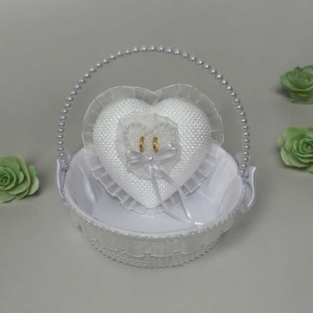 Cesta florista renda coração porta alianças de juta branca em Oferta na Shopee