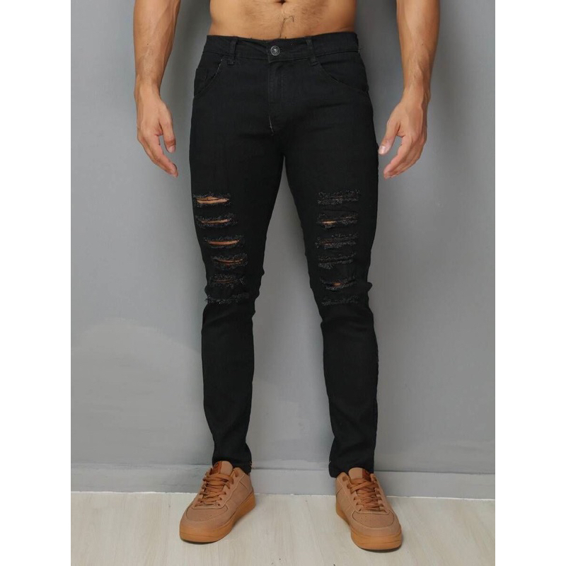 promocao!!Calça Jeans Masculina Preta Slim Rasgadas Lycra Alta Qualidade 2024
