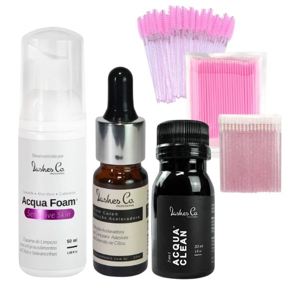 Kit Flash Cure +Acqua Clean +Espuma sensitive Lashes e Co Aplicador de Gloss para Extensão de Cílios em Oferta na Shopee