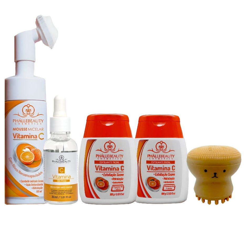 Kit Mousse vitamina c + Sérum vitamina c + Sabonete vitamina c + Esfoliante facial vitamina c + Esponja polvo - Beauty