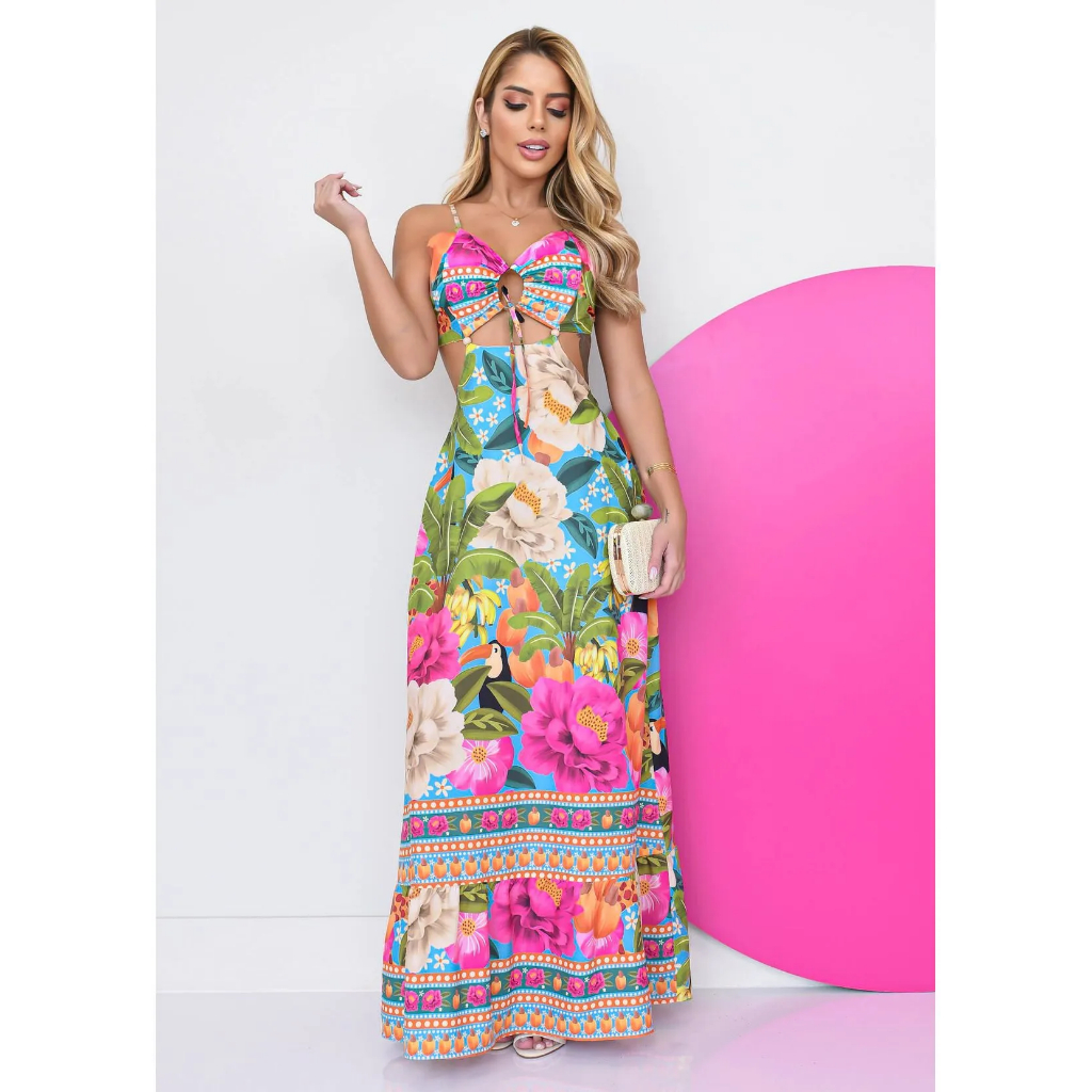 Vestido Longo feminino Decotado Costa Nua Estampa Verão Tropical em Oferta na Shopee
