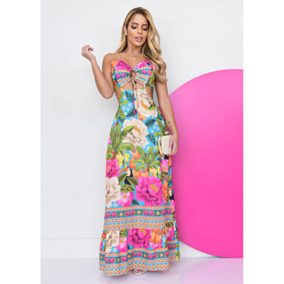 Vestido Longo feminino Decotado Costa Nua Estampa Verão Tropical em Oferta na Shopee