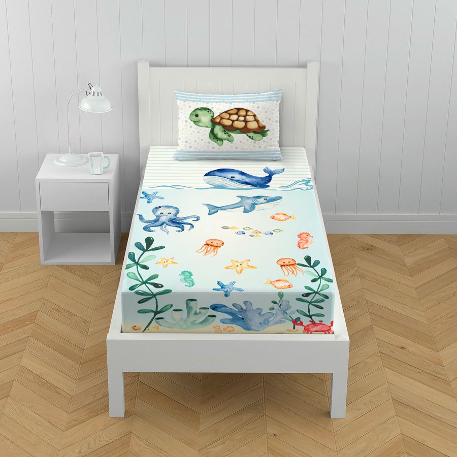 Lençol Infantil + Fronha oceano fundo do mar animais 100% Algodão - Lkt47 em Oferta na Shopee