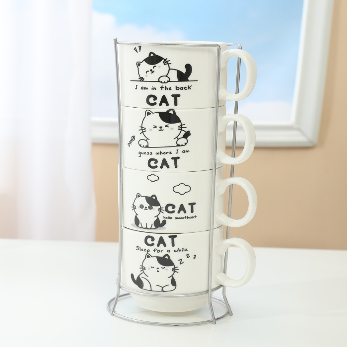 Kit 4 Xícaras Cerâmicas + 1 Suporte Torre de Metal 160ml - Pets/Gatinhos em Oferta na Shopee