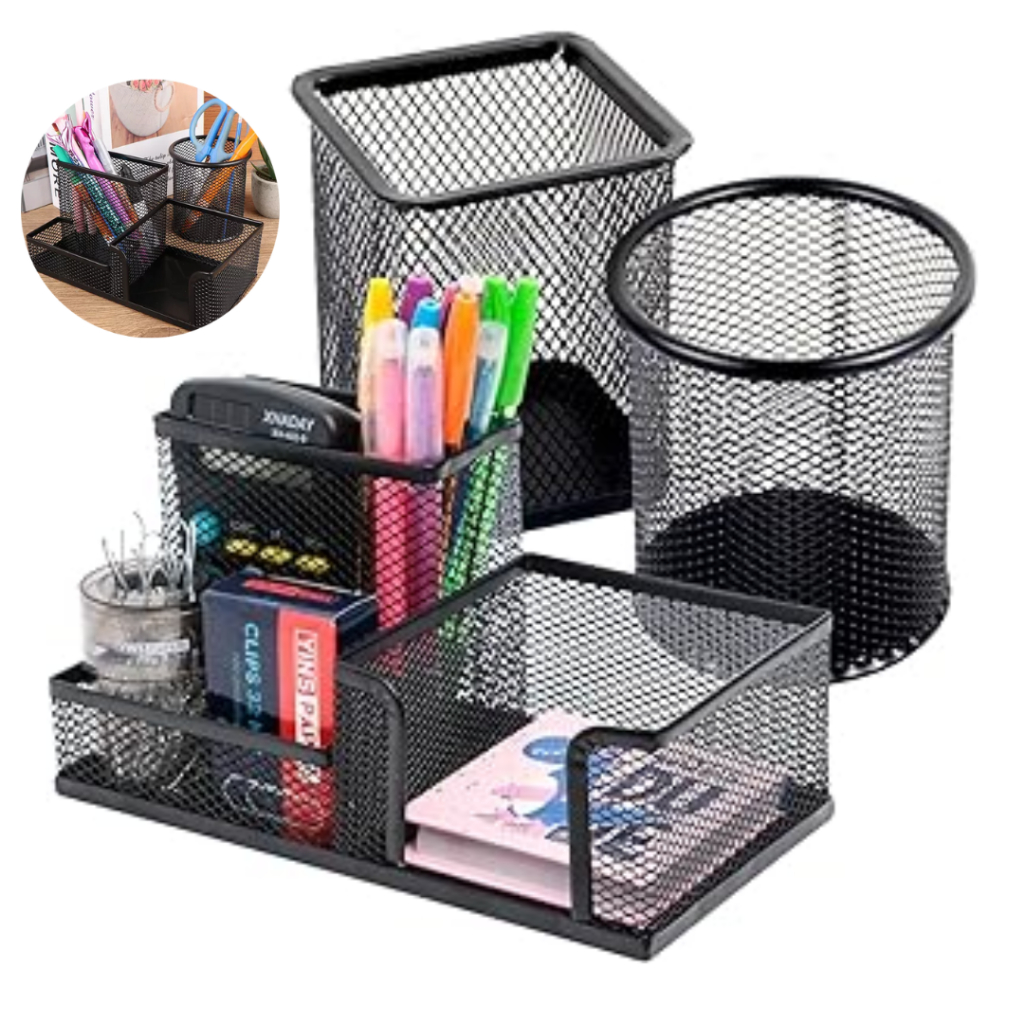 Kit 3 Organizador Aramado Porta Lápis Caneta Escritório Mesa Papelaria Redondo Quadrado 3 Divisórias