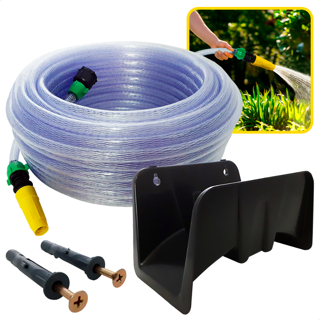 Kit Completo de Mangueira de Jardim Trançada Cristal com Suporte, Esguicho, União e Fixação em Oferta na Shopee
