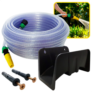 Kit Completo de Mangueira de Jardim Trançada Cristal com Suporte, Esguicho, União e Fixação em Oferta na Shopee
