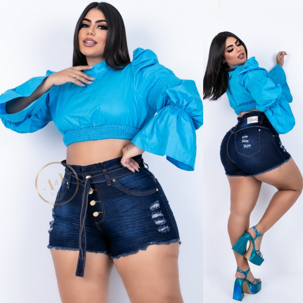 Short Jeans Feminino Plus Size Com Lycra Azul Com Lacinho 44 ao 54