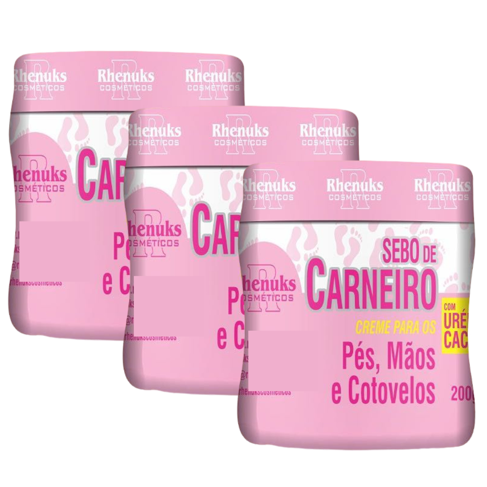 Kit 3 Creme Sebo de Carneiro Ureia e Cacau - Combate Rachaduras Pés, Mãos e Cotovelos