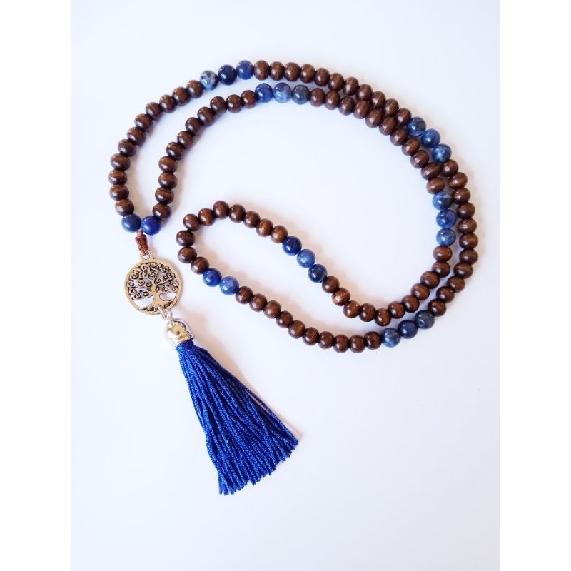 Imagem Japamala 108 Contas Madeira com Pedras Naturais Sodalita Meru Pingente Árvore da Vida Rosário Budista Meditação Ref: 484