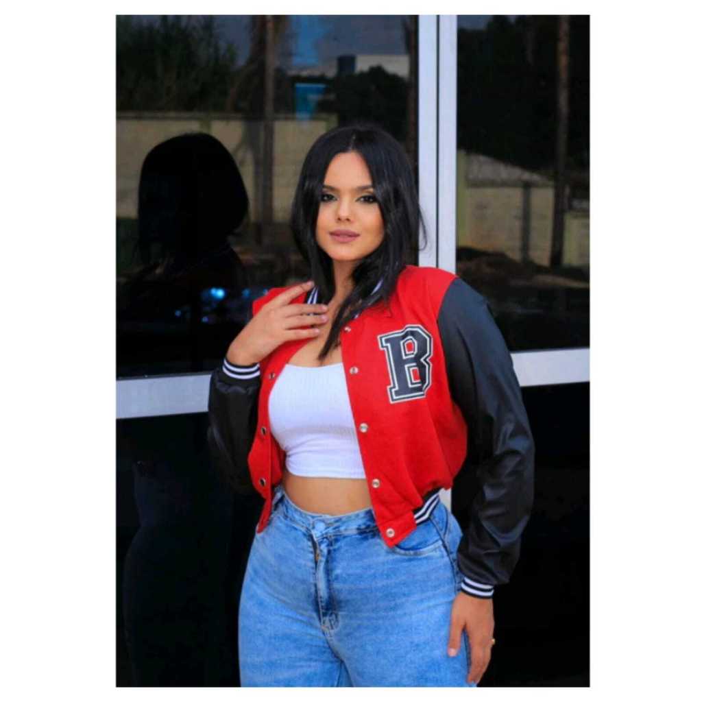 Jaqueta Bomber Colegial Moletom e Couro Moda Inverno Frio
