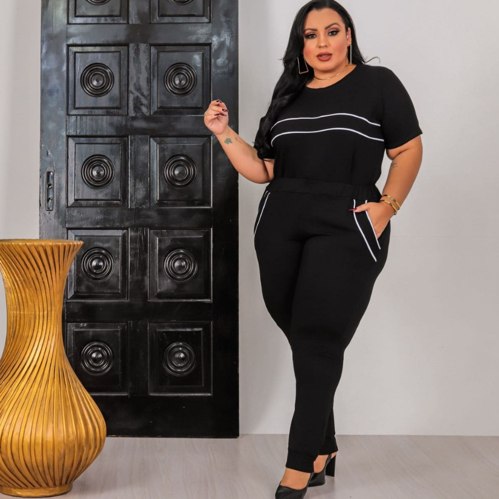 Conjunto Feminino Plus Size de Calça e Blusa de Manga Curta no Moletinho de Viscose Premium em Oferta na Shopee