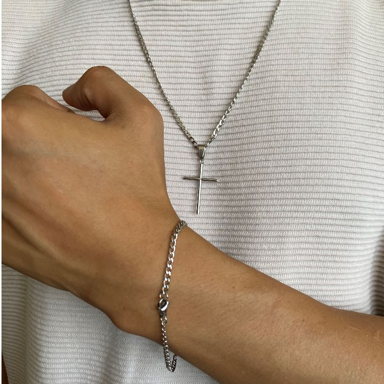 Corrente Colar 60CM 70CM e/ou Pulseira Masculina Banhada a Aço Inoxidável Pingente Cruz Palito em Oferta na Shopee