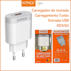 Carregador de Tomada Fonte de Carregamento Turbo QCQ3.0 com 1 Saída de USB KAIDI KD-550