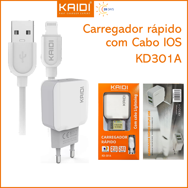 Carregador Cabo e Fonte 2 saídas Carga Rápida 2.4A Saída USB para Lightning iPhone 1m KAIDI KD-301A em Oferta na Shopee
