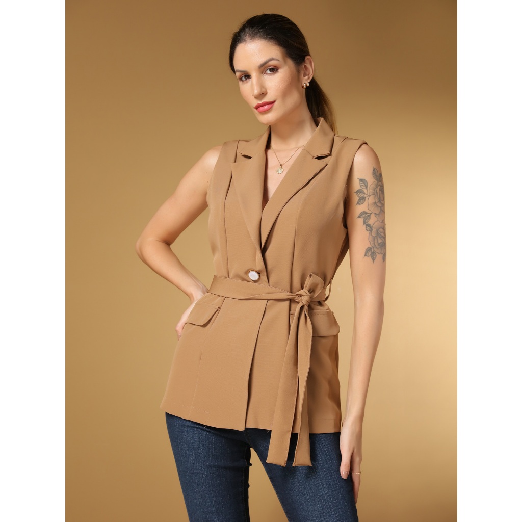Colete feminino longo comprido  alfaiataria moda gringa cinto colete social em Oferta na Shopee