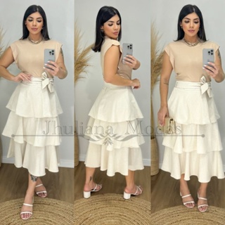 SAIA MIDI EM CAMADAS TECIDO LINHO VARIAS CORES DISPONÍVEIS em Oferta na Shopee