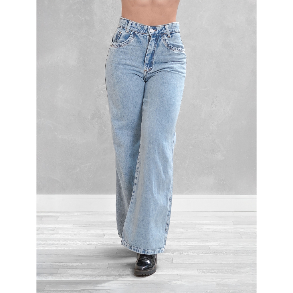Calça Jeans Feminina Wide Leg Pantalona Cintura Alta Tecido Grosso Básica Lisa Marmorizada