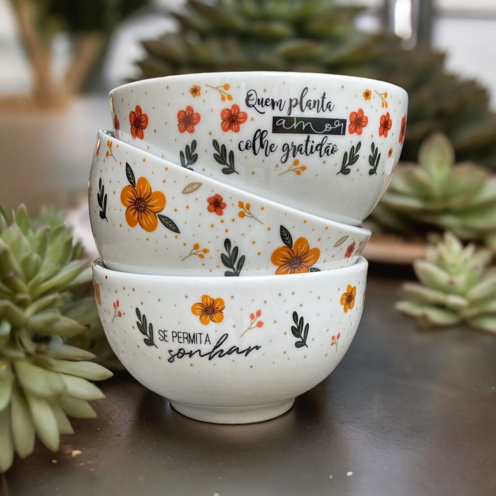 03 Cumbucas Floral Capri Porcelana Cozinha Decoração Decorada 440 ml Sopas Caldos Kit em Oferta na Shopee