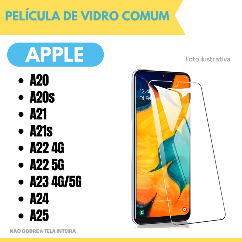 Película de Vidro Samsung A20-A30 / A20s / A21 / A21s / A22 (4G/5G) / A23 (4G/5G) / A24 / A25 /Protetor de Tela.