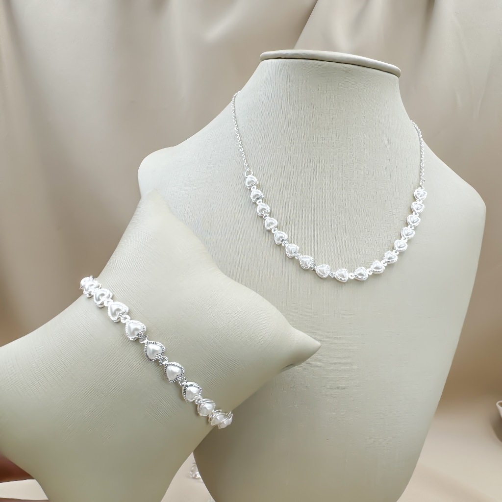Kit Colar+Pulseira de pérolas de coração delicado choker folheado a Prata 925