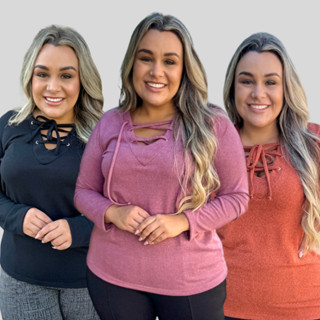 Blusa Plus Size Feminina Manga Longa Em Lanzinha em Oferta na Shopee