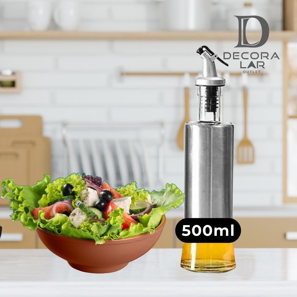 Galheteiro 500ml Porta Azeite e Vinagre de Vidro Premium e Aço Inox com Dosador 500ml Gourmet