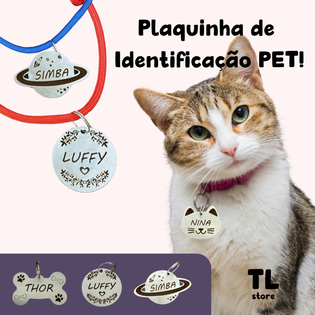 Plaquinha de identificação Pet Personalizado Nome e Telefone Anti Alergico
