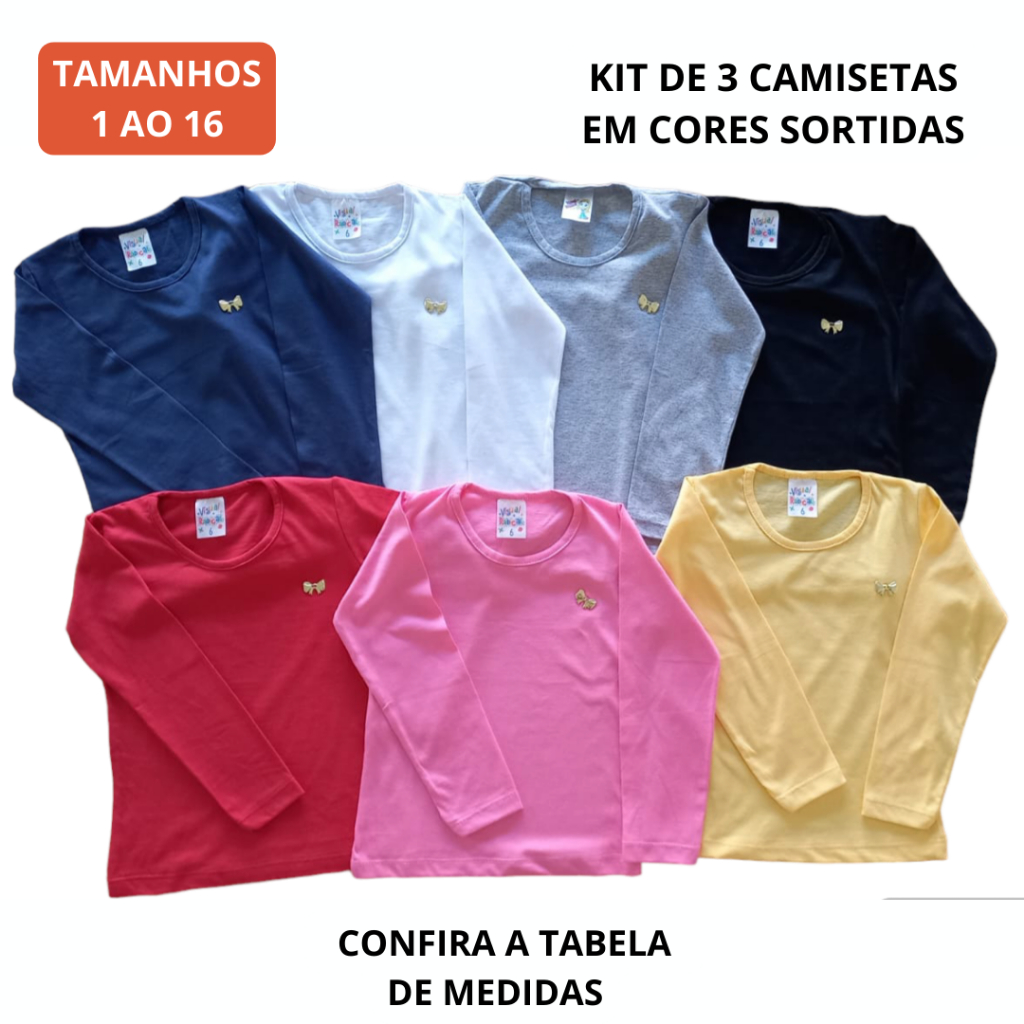Kit 3 Camisetas manga longa infantil/juvenil menina em Oferta na Shopee