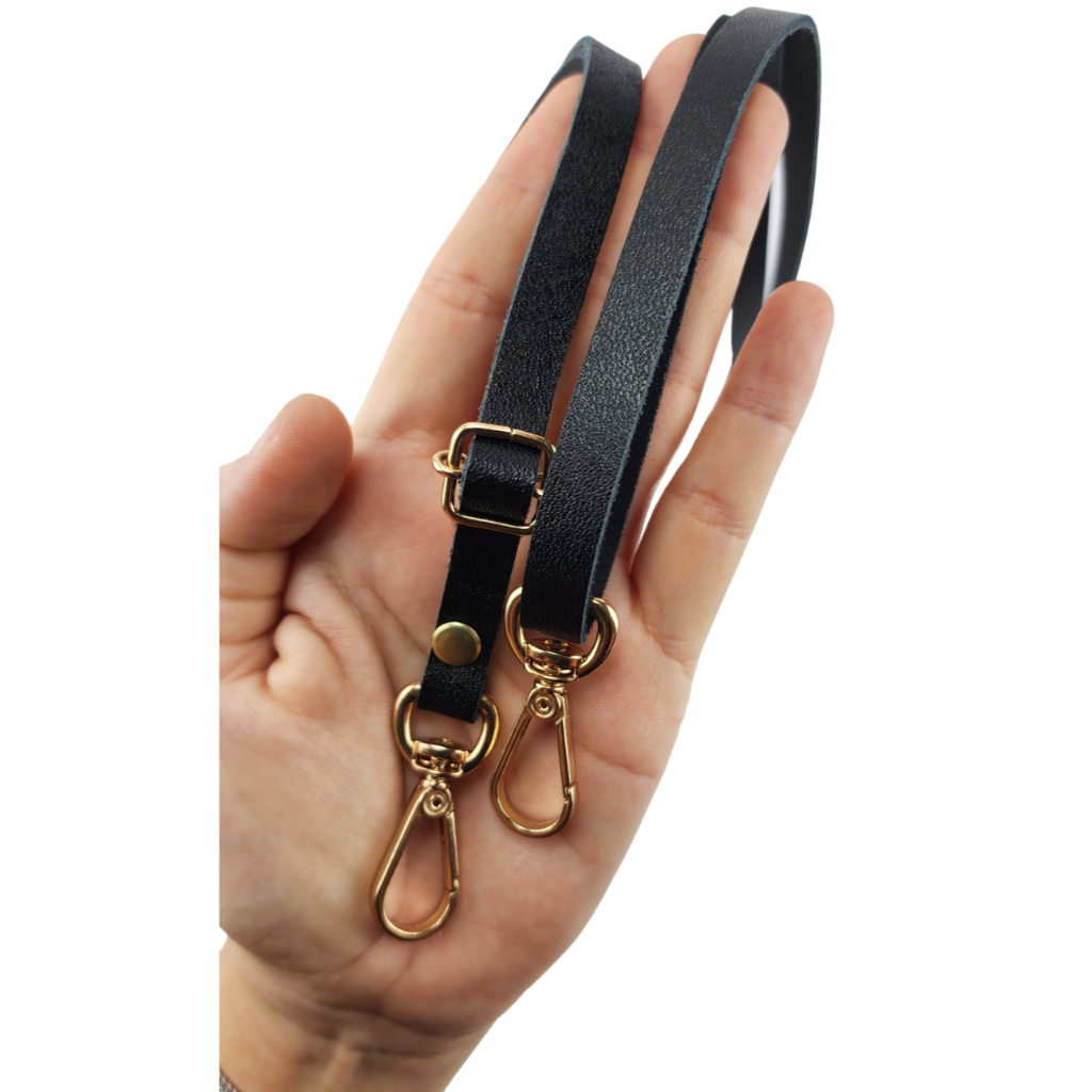 Alça para Bolsa transversal de Couro Legítimo Preto 1cm largura com mosquetões nas pontas