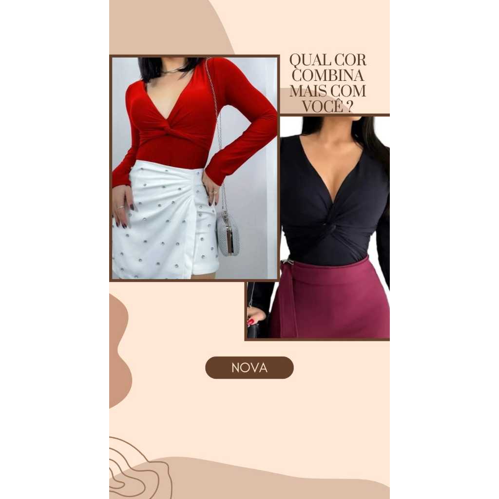 BODY COM BOJO DECOTE PROFUNDO TORCIDO MANGA LONGA COM FECHO EM SUPLEX em Oferta na Shopee