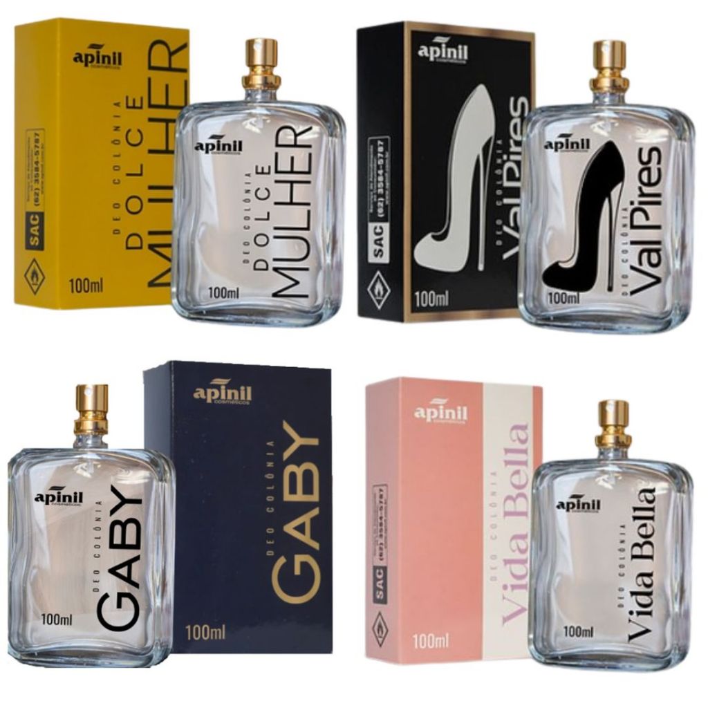 Kit 4 Perfumes Deo Colônia Feminino Apinl (100ml cada) Gaby, Val Pires, Dolce Mulher, Vida Bella