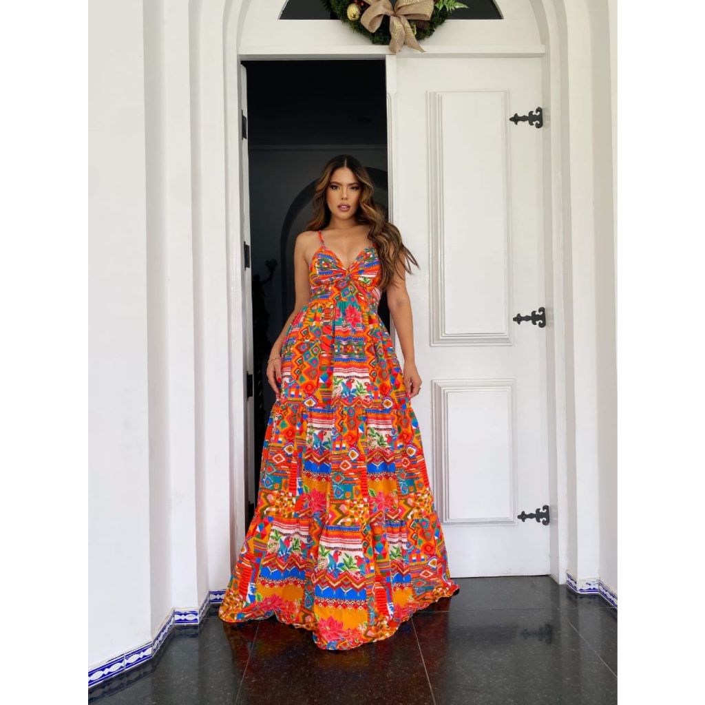 Vestido longo floral, romântico elegante