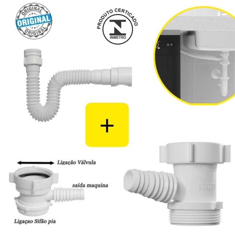 kit adaptador máquina de lavar louças universal com sifão sanfonado extensível universal astra branco em Oferta na Shopee