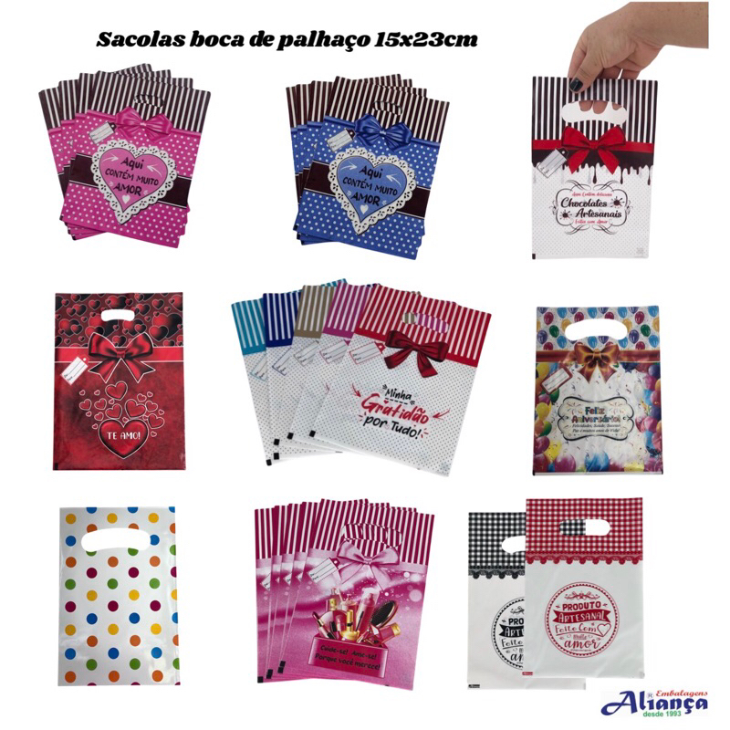 50 Sacolas Boca de palhaço Decoradas 15x23cm em Oferta na Shopee