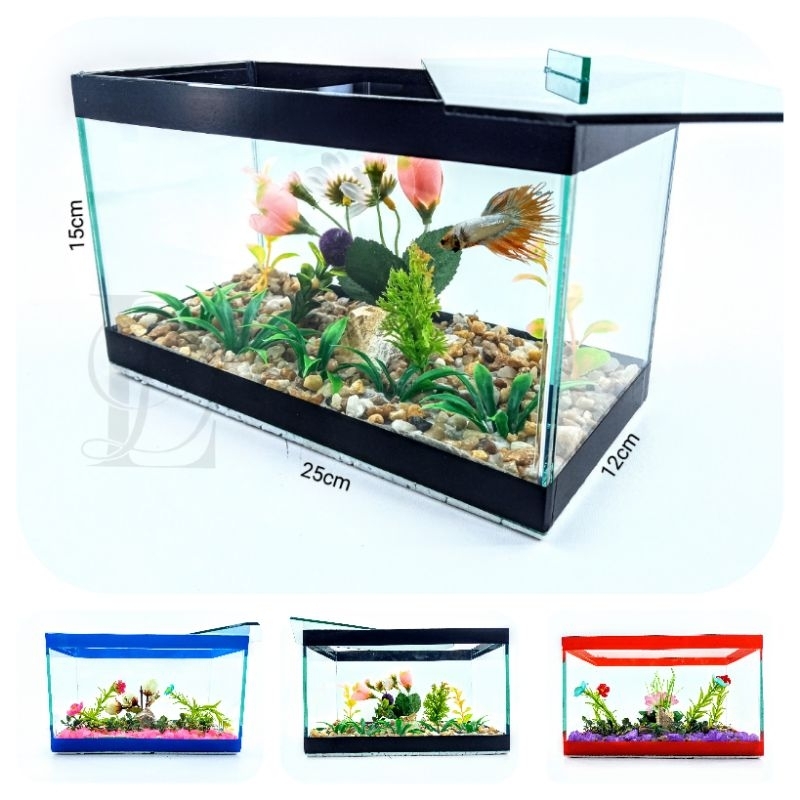 Aquário 4 L beteira 25x12x15cm retangular decorado para peixes ornamental bettas betas plantas artificiais decoração