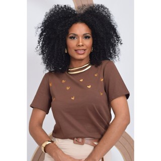 Camiseta feminina 100% algodão tshirt bordado coração em Oferta na Shopee